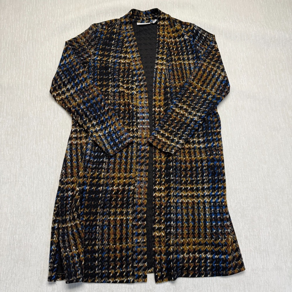 Susan Graver Cardigan Duster Women Medium Multicolor Knit Houndstooth Open Front